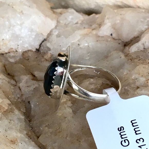 FACETED BLACK SAPPHIRE two tone sterling ring 6.5 - Picture 6 of 7